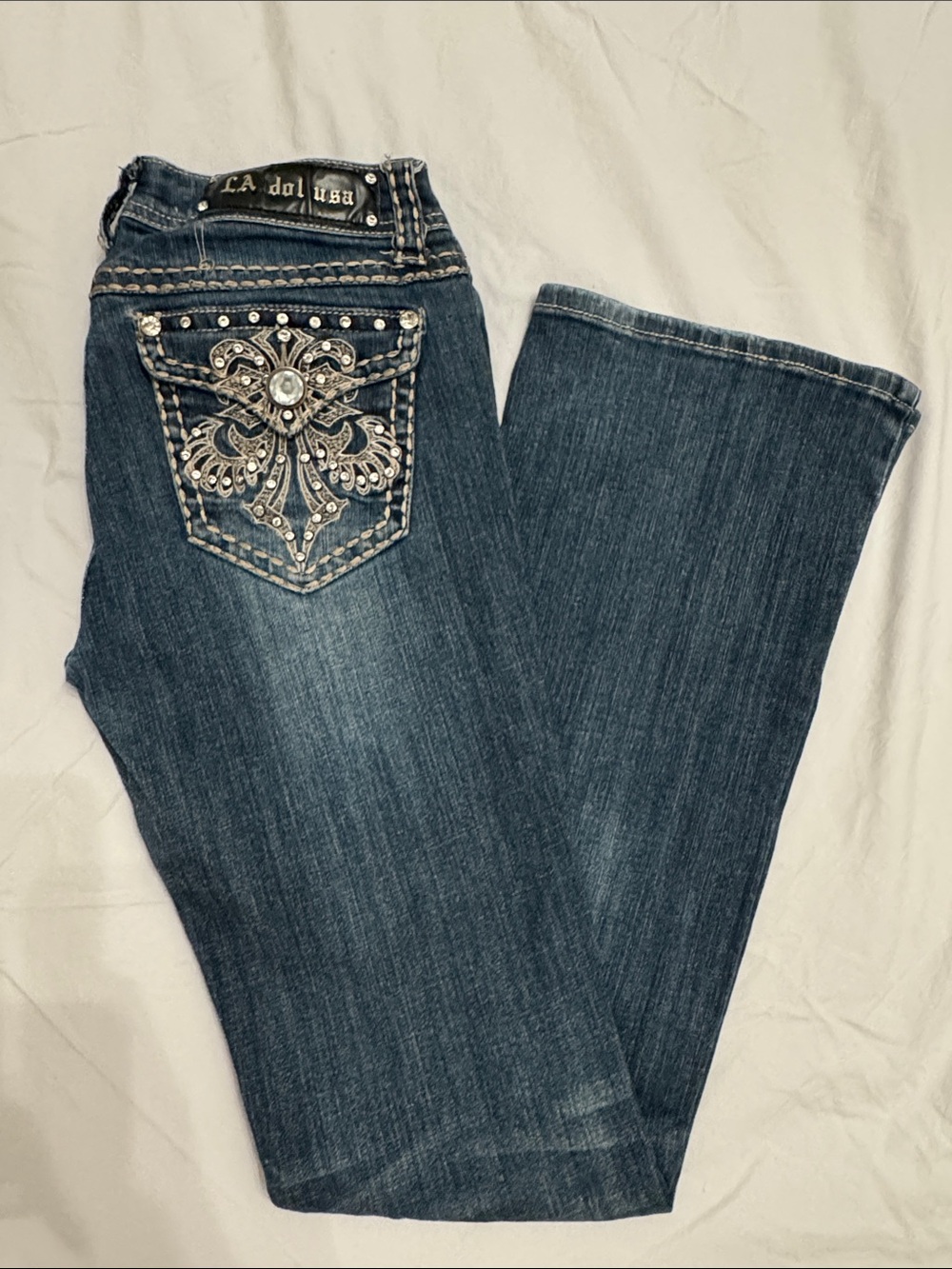 L.A. idol Women's Boot Cut Jeans in Dark Blue with Embellished Back Pocket Y2K
